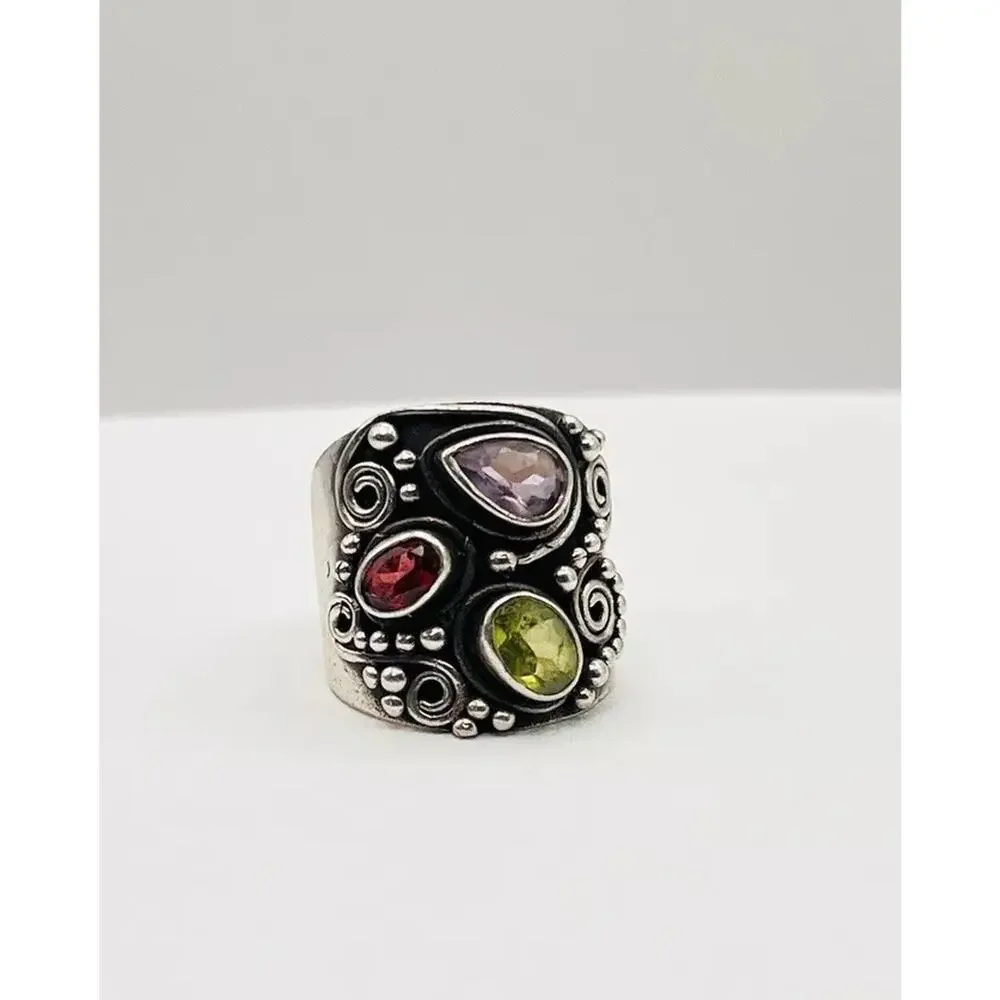 Vintage Cluster Signet Silver 925 Ring Amethyst Emerald Tourmaline Size 7,75